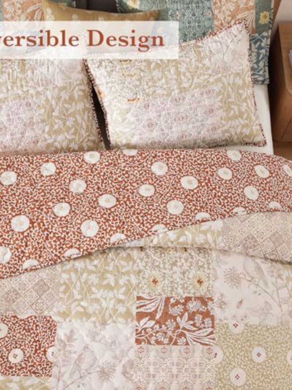 Classic Patchwork Quilt Set in Cream, Tan & Rust - saguaro - Picture 2 of 3